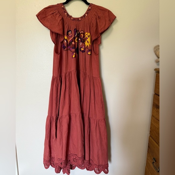 Ulla Johnson linen blend embroidered crochet midi flutter cap sleeves Sundress - Picture 1 of 13
